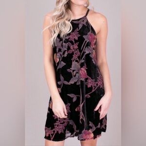 Entro high-neck black velvet burnout floral dress, NWOT